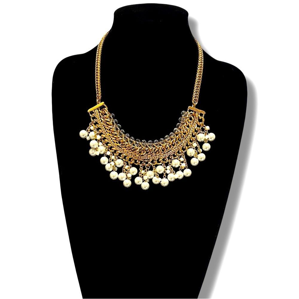 TALBOTS Gold Pearl Cluster Statement Bib Necklace with Crystal Beads | NEW ✨